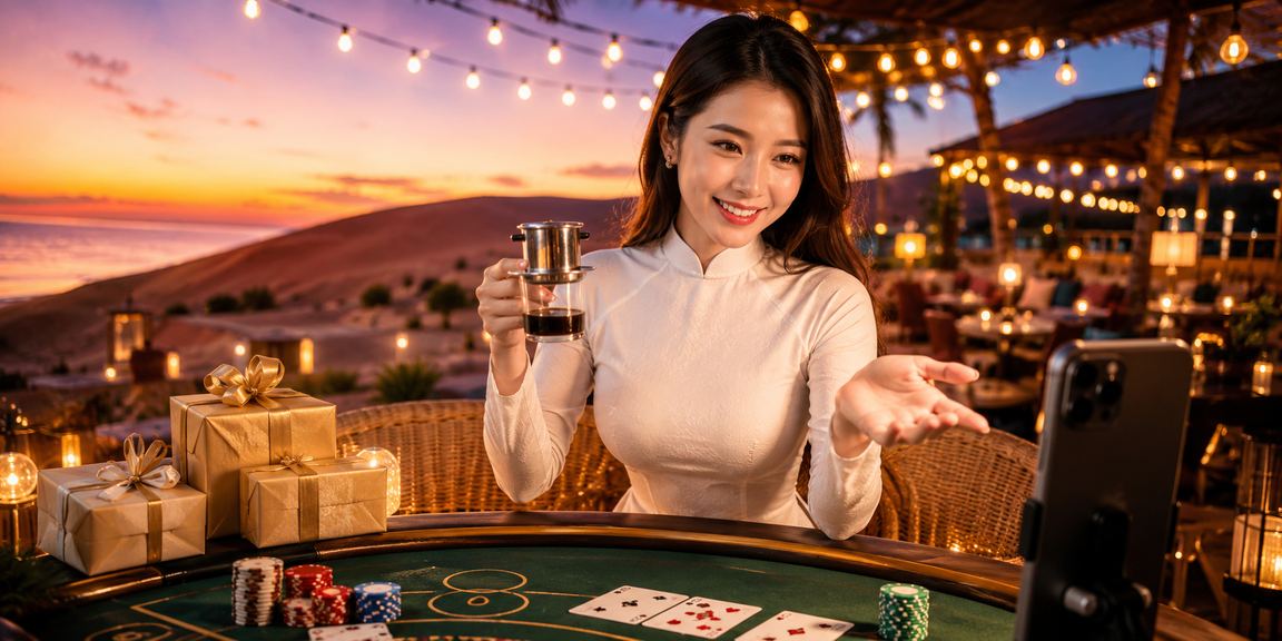 Khung cảnh giải trí casino trực tuyến tại bãi biển Mũi Né với áo dài Việt Nam